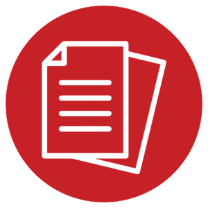 Icon of documents on red circle background.