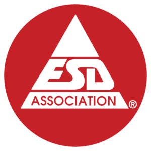 Red ESD Association logo with triangle design.