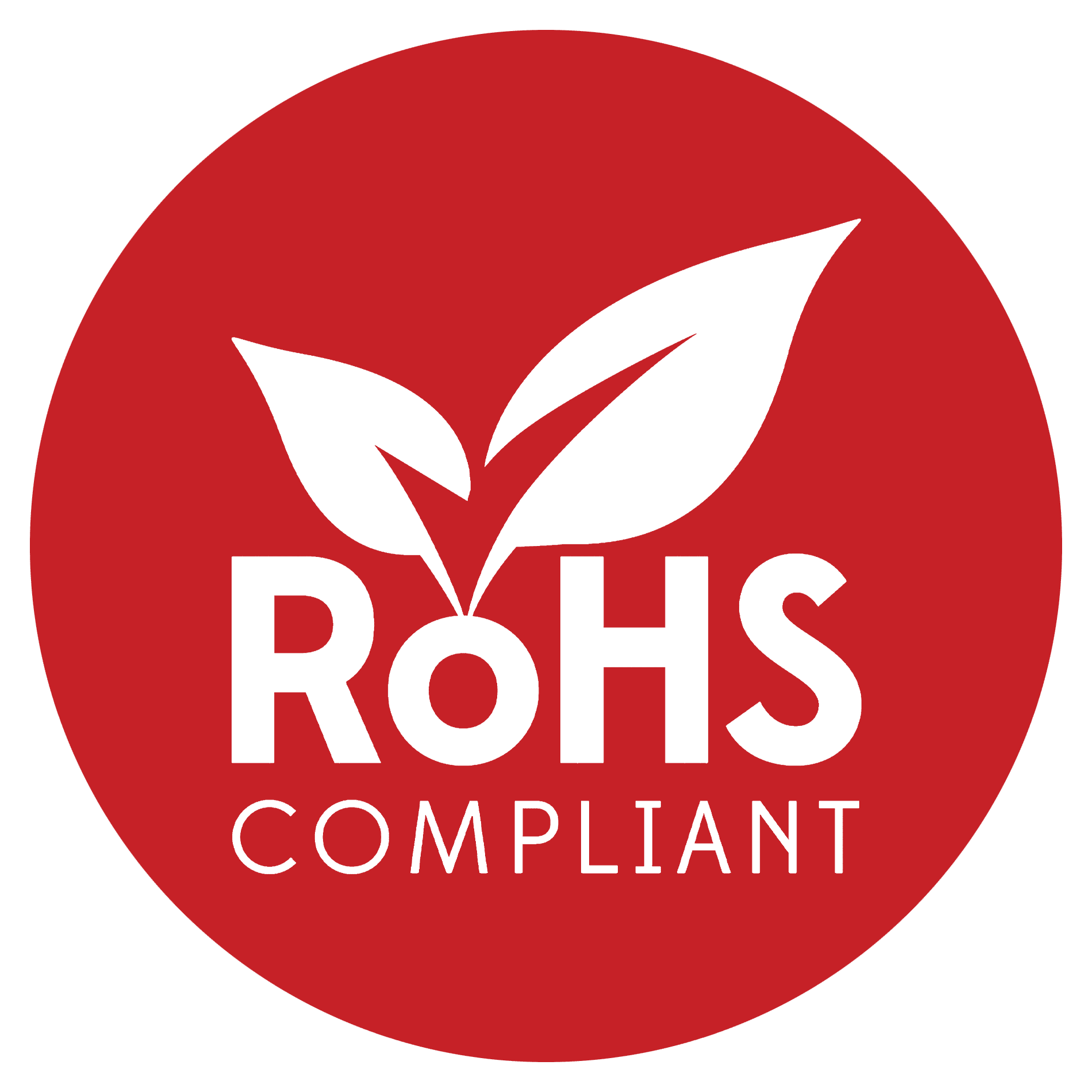 RoHS Compliant logo with leaf design.