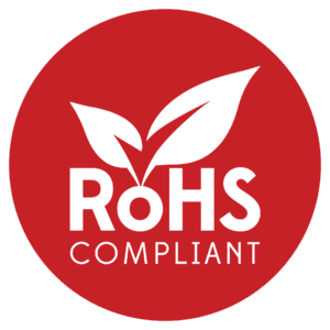 RoHS compliant logo with leaf design.