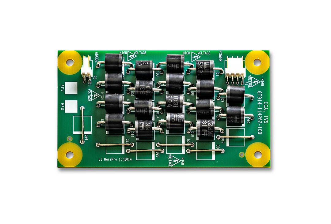 Electronic circuit board with black components.