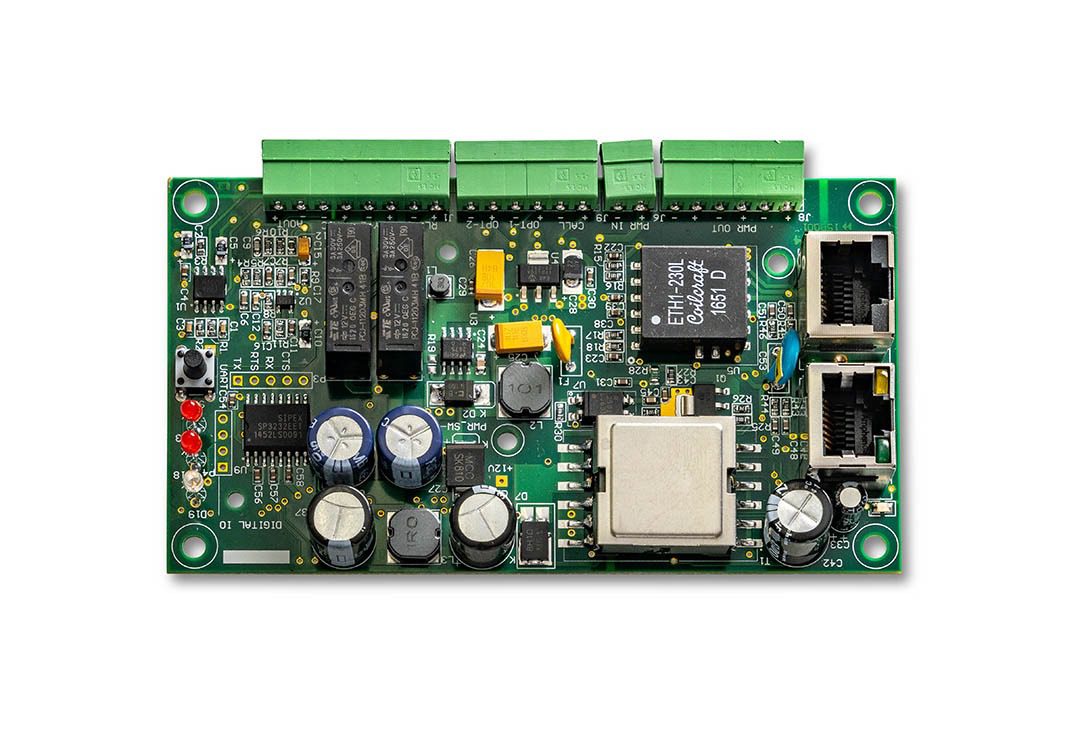 Electronic circuit board with various components.