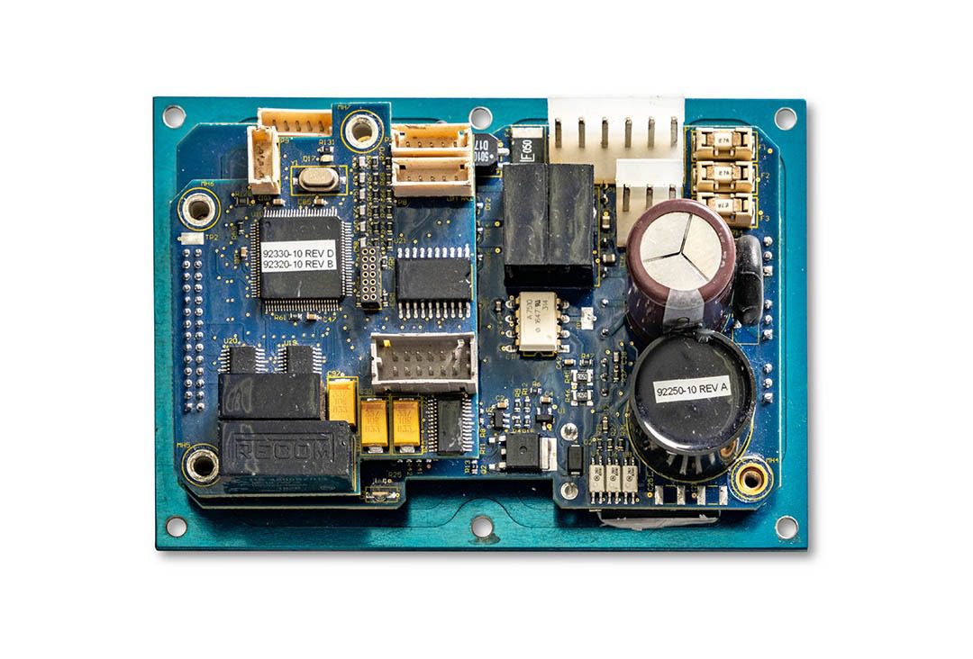 Electronic circuit board with various components.
