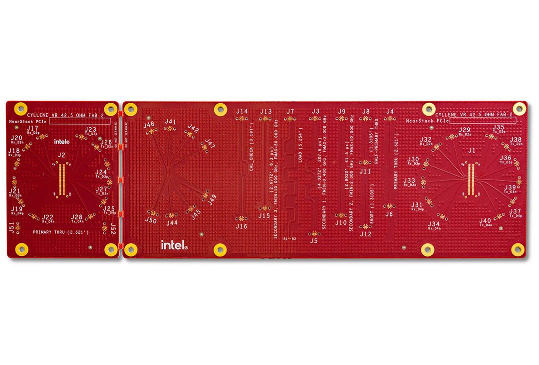 Red Intel circuit board with yellow connectors.