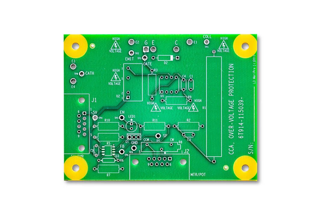 Green circuit board with yellow mounting holes.