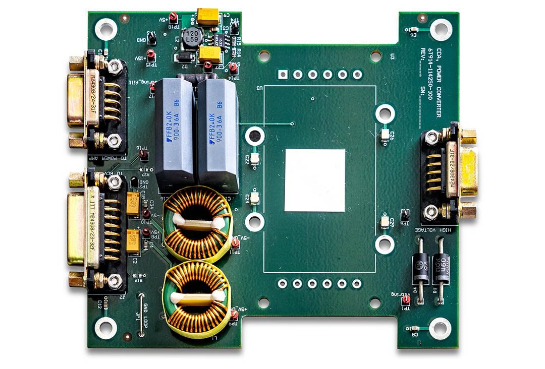 Electronic circuit board with various components.