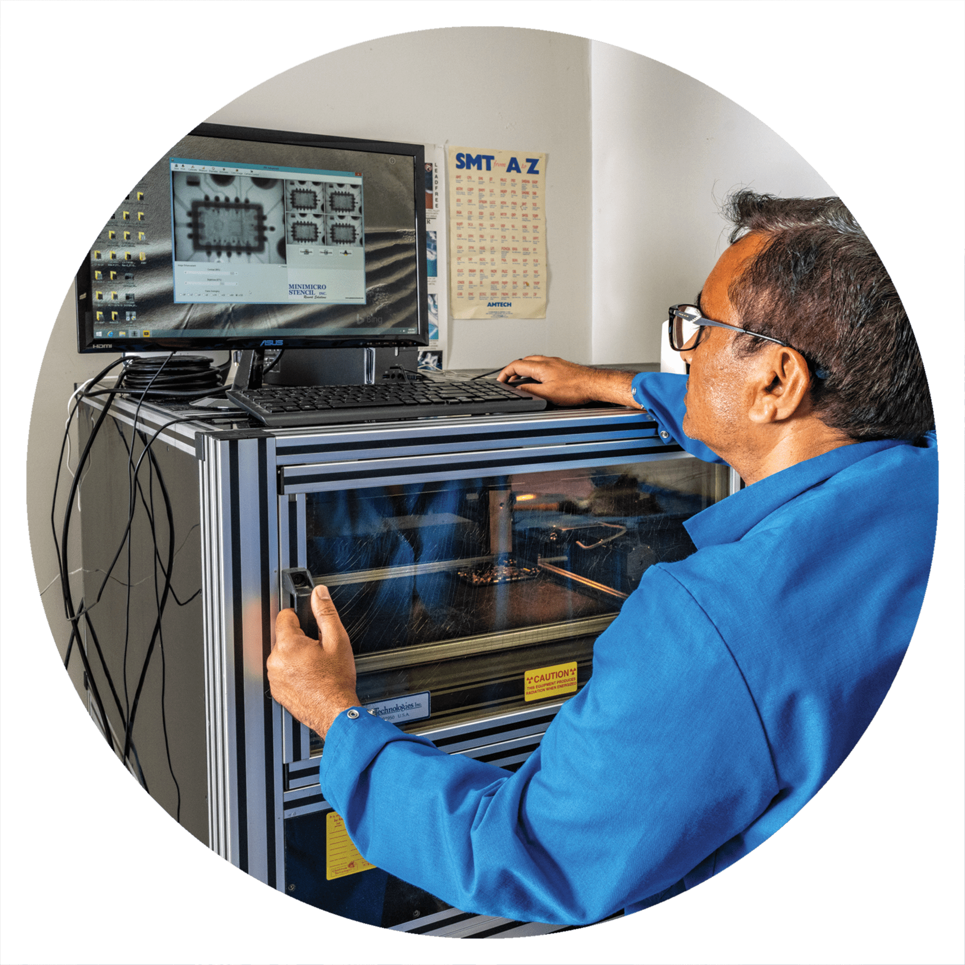 Technician inspecting PCB using automated machine