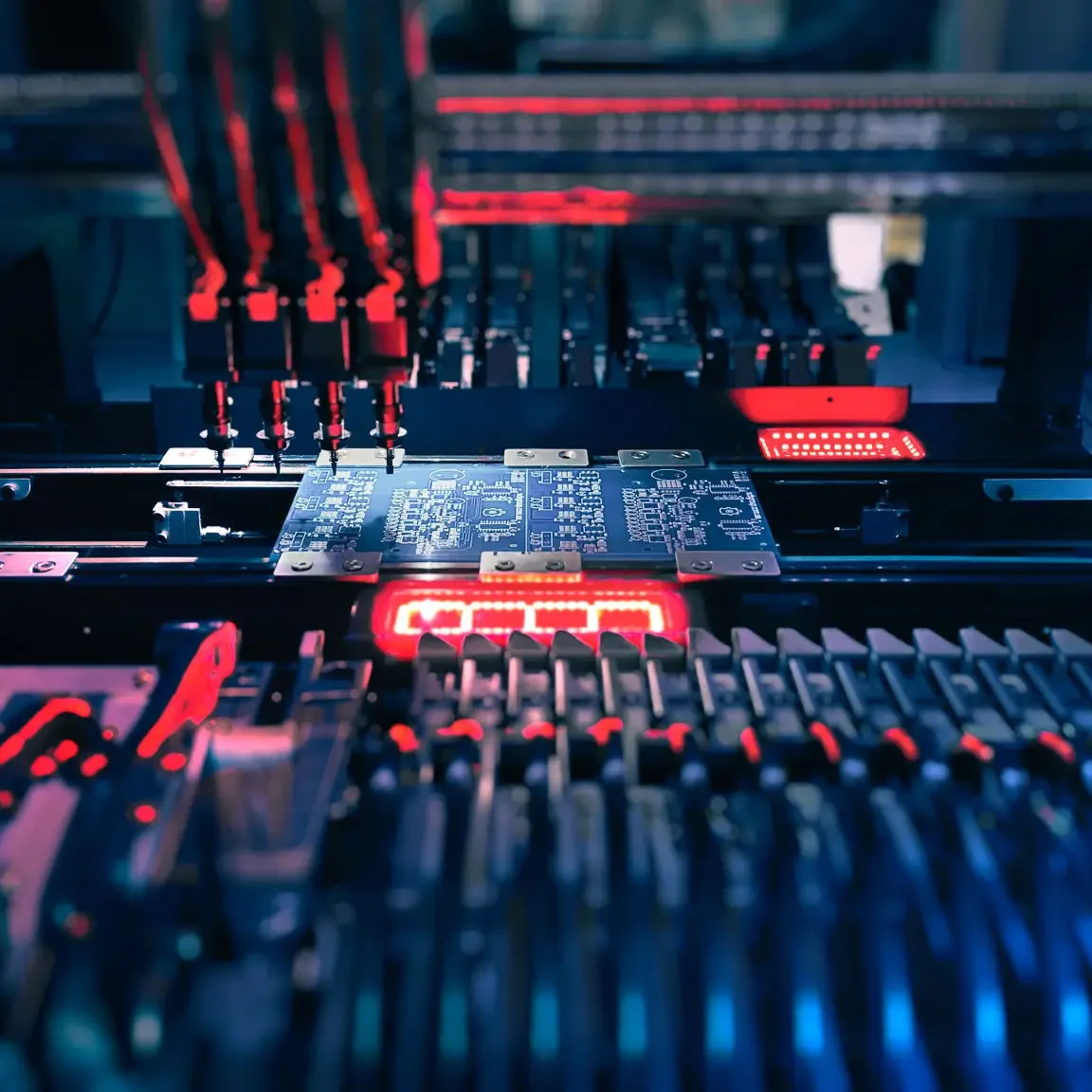 PCB assembly machine placing components on board